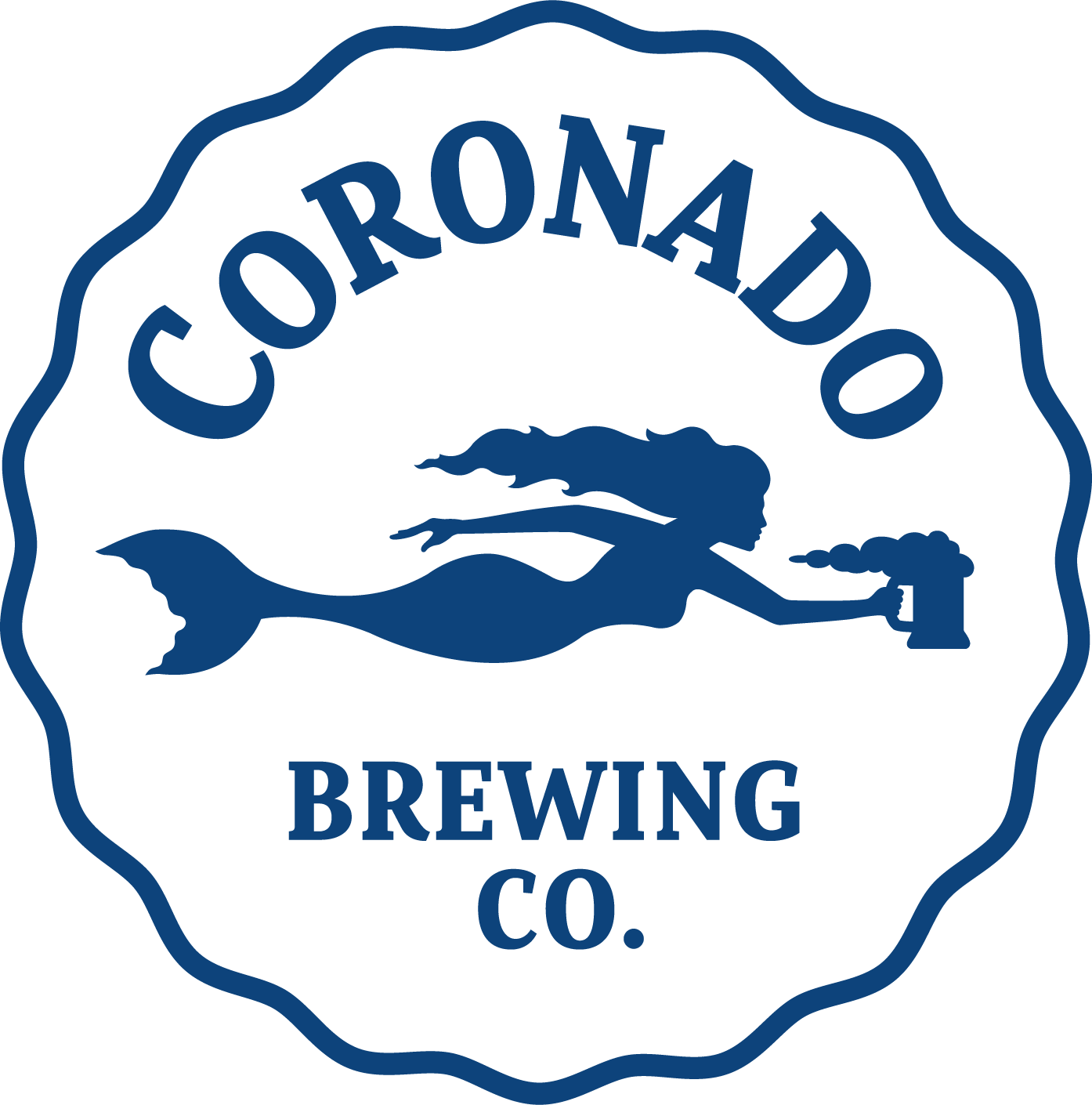Coronado Brewing Co. logo: a mermaid holding a beer mug inside a blue, scalloped-edged circle.