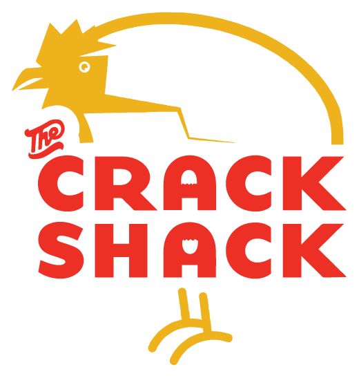 The Crack Shack logo: yellow chicken silhouette over red text.