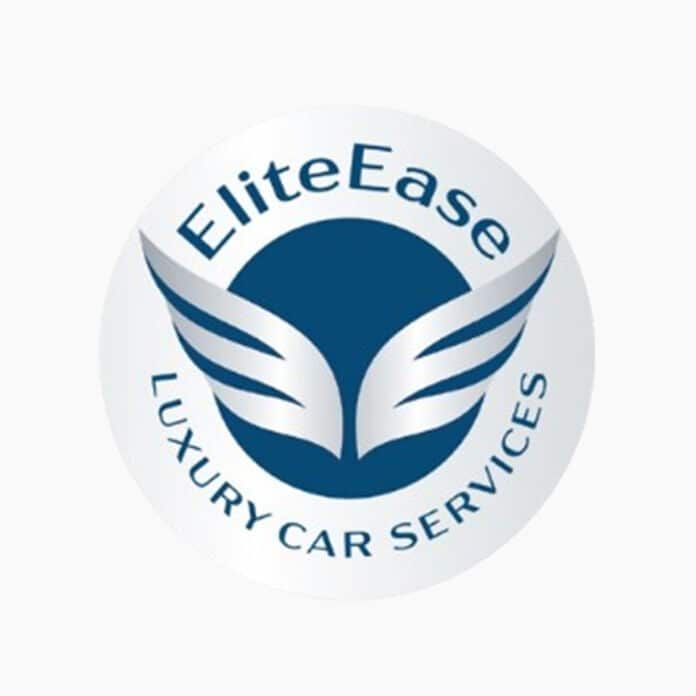 Logo for "EliteEase Luxury Car Services." Features white wings and text in a blue and white circular emblem.