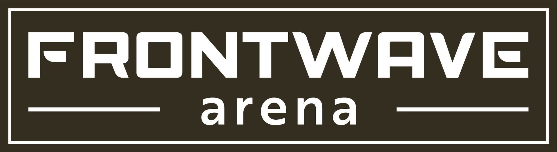 "FRONTWAVE arena" logo on a dark brown rectangular background, with white text and lines.