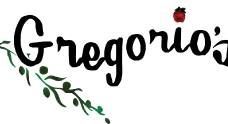 Gregorio's logo with black script, olive branch, and red berry accent.