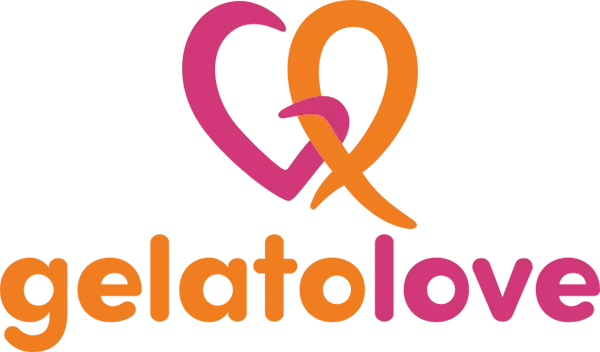 Logo for GelatoLove: pink heart intertwined with an orange ribbon, "gelatolove" in orange and pink.