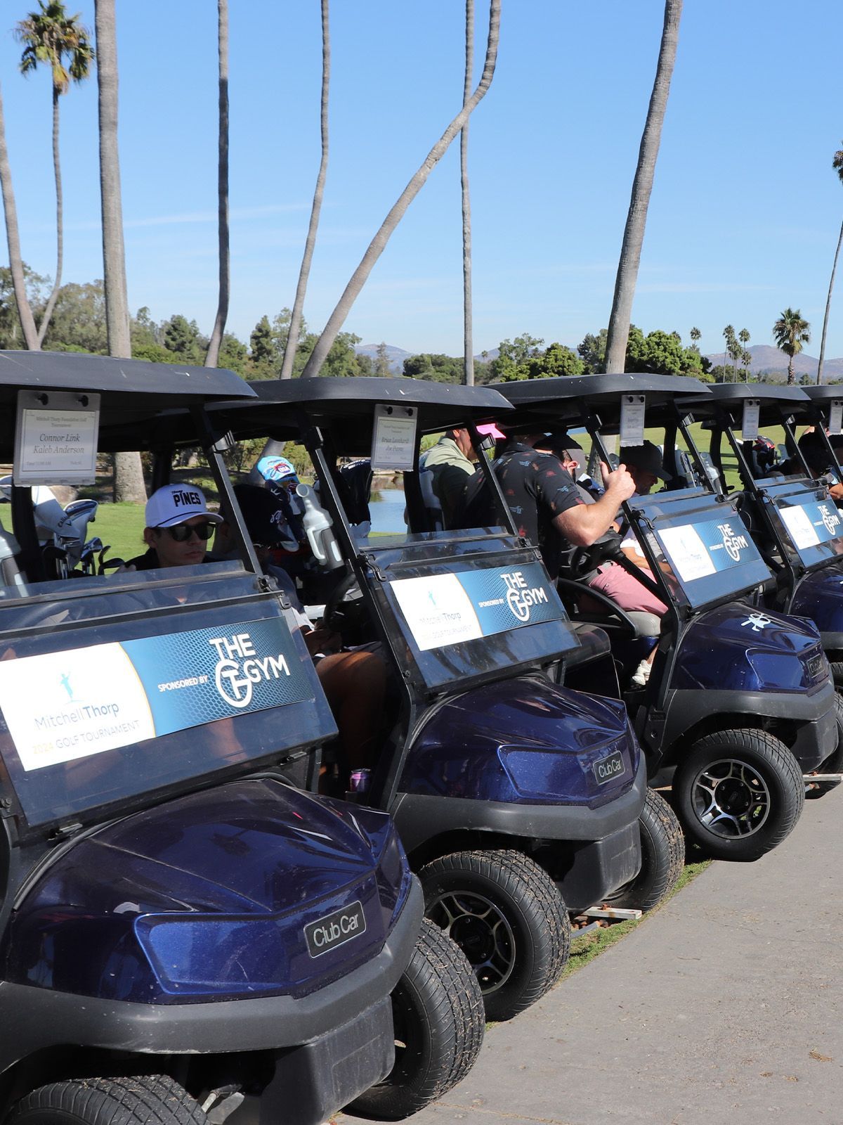Blue golf carts lined up on a sunny day; golfers seated, near palm trees.