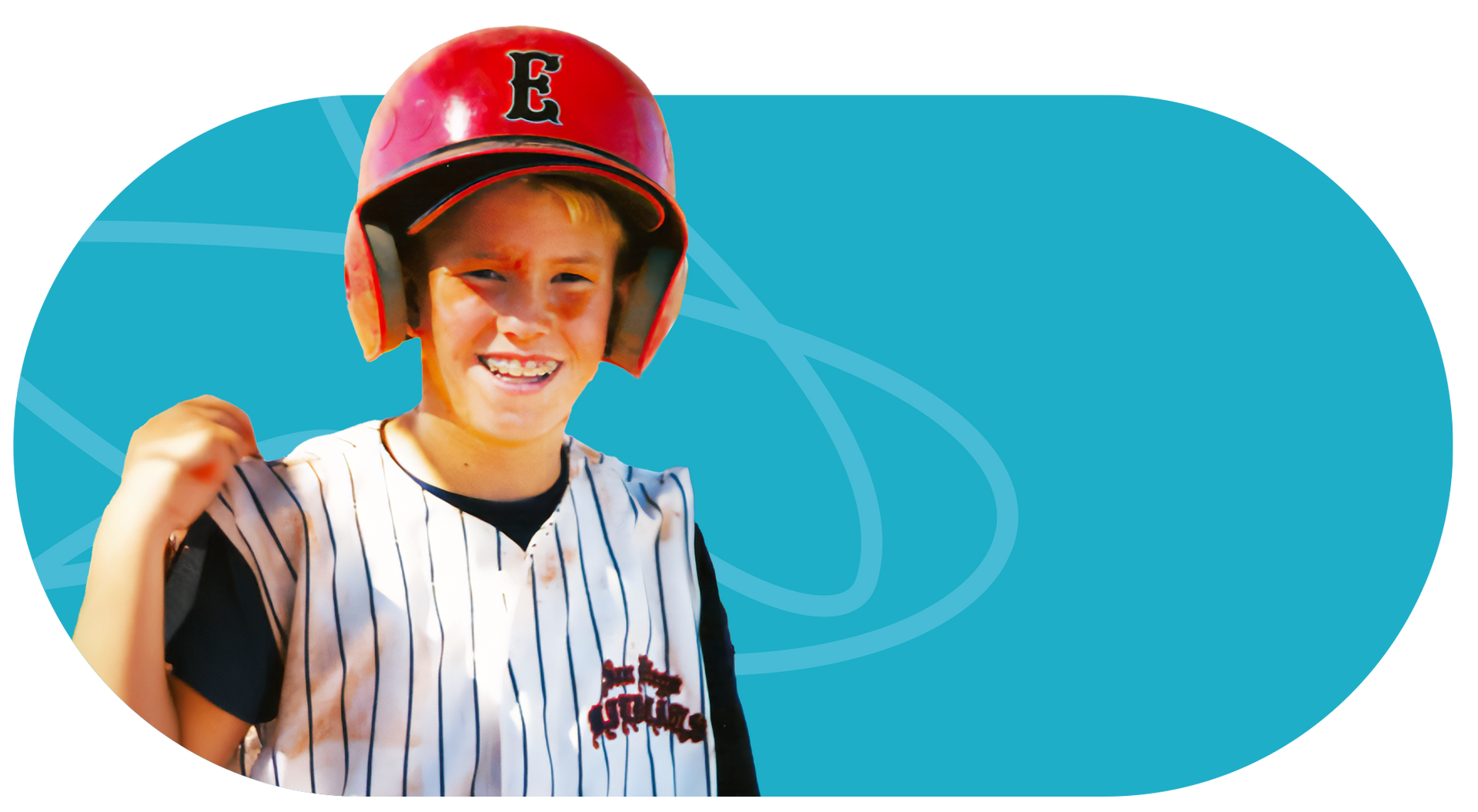 Boy in baseball uniform and helmet smiles with fist raised, set against teal background.
