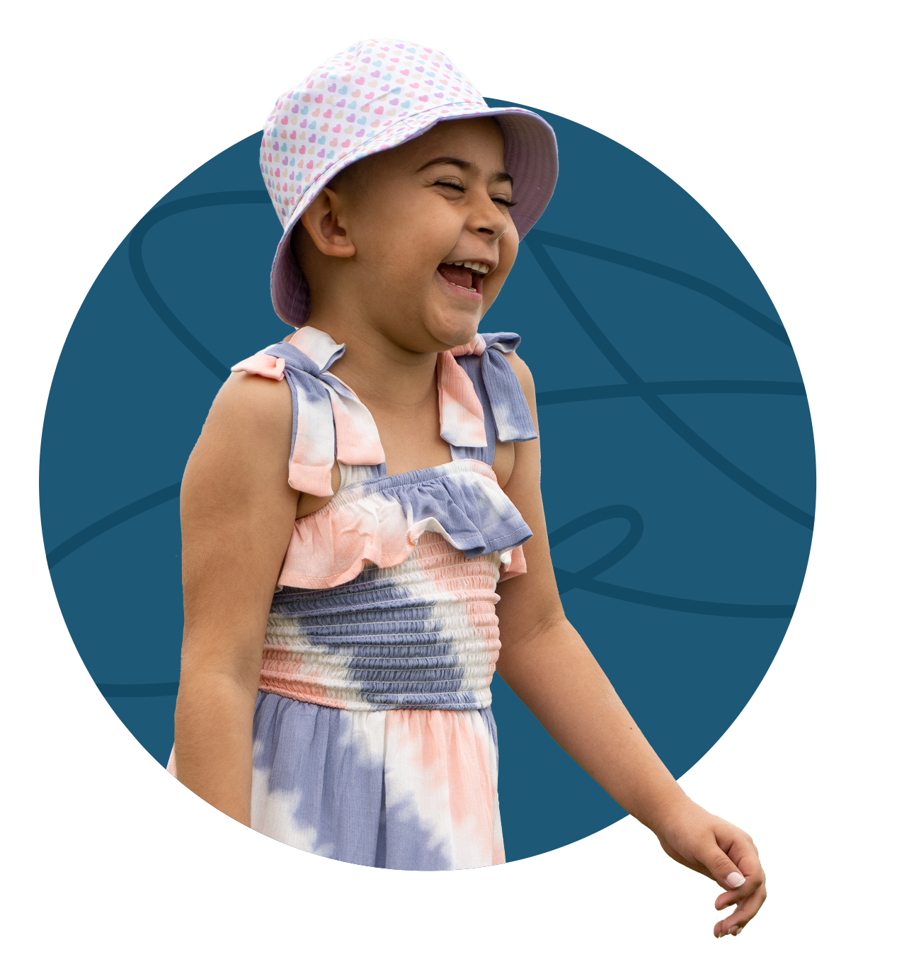 Smiling child wearing a sun hat and tie-dye dress, set against a blue background.