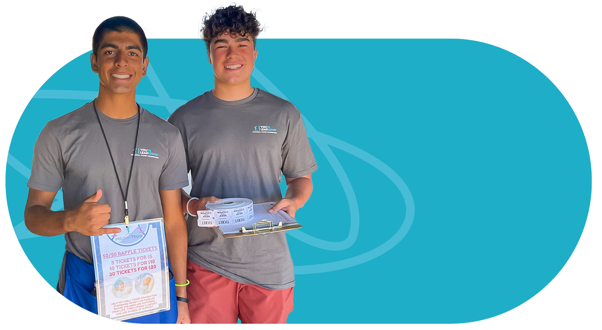 Two young men smiling, one holding a paper and the other holding a circuit board, against a teal background.