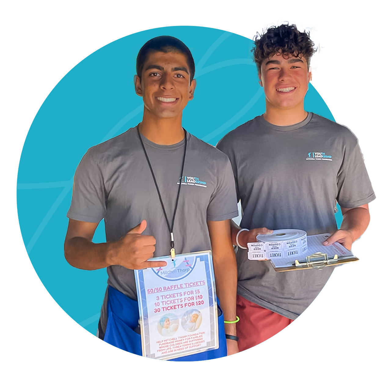 Two young men in gray shirts, smiling, holding clipboard and ID badge, standing in front of a blue background.