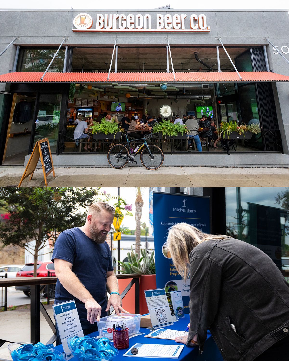 Top: Exterior of Burgeon Beer Co. with outdoor seating. Bottom: People at a table with information, outside.