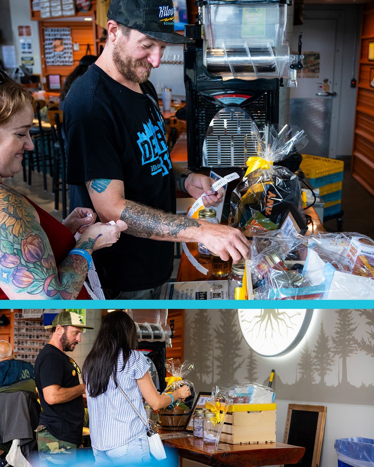 People preparing gift baskets at a store counter. One man smiles, another is in a green hat.