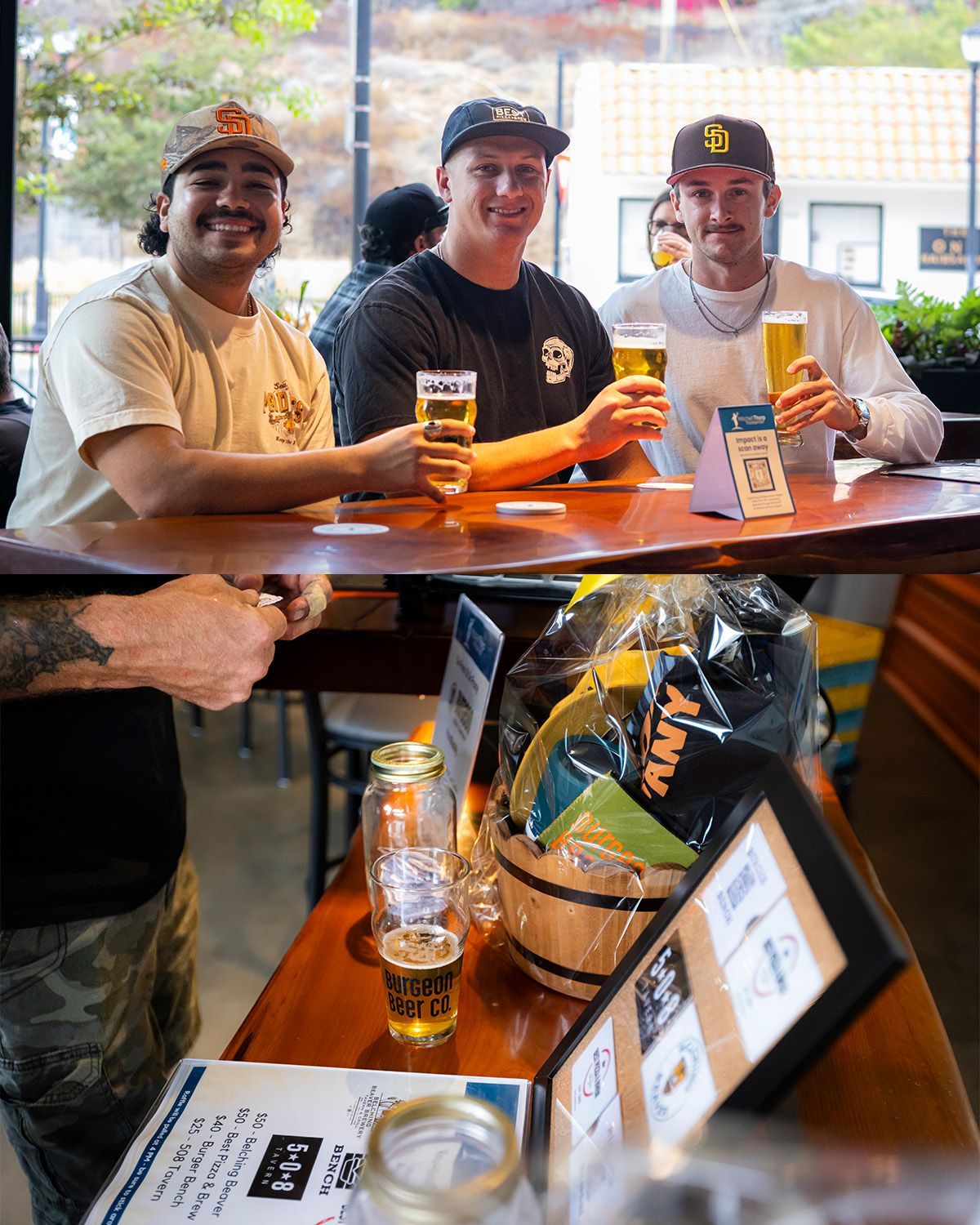 Three men raising beer glasses at a bar, another person's arm by a raffle prize basket, and a beer glass.