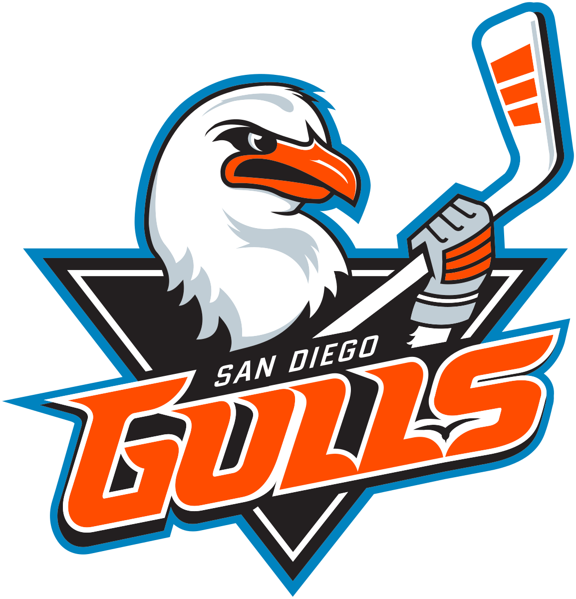 San Diego Gulls hockey team logo: angry seagull with hockey stick, orange and blue colors.