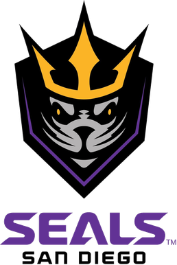 San Diego Seals logo: Purple and black seal head with a gold crown on a shield, "SEALS" and "SAN DIEGO" below.