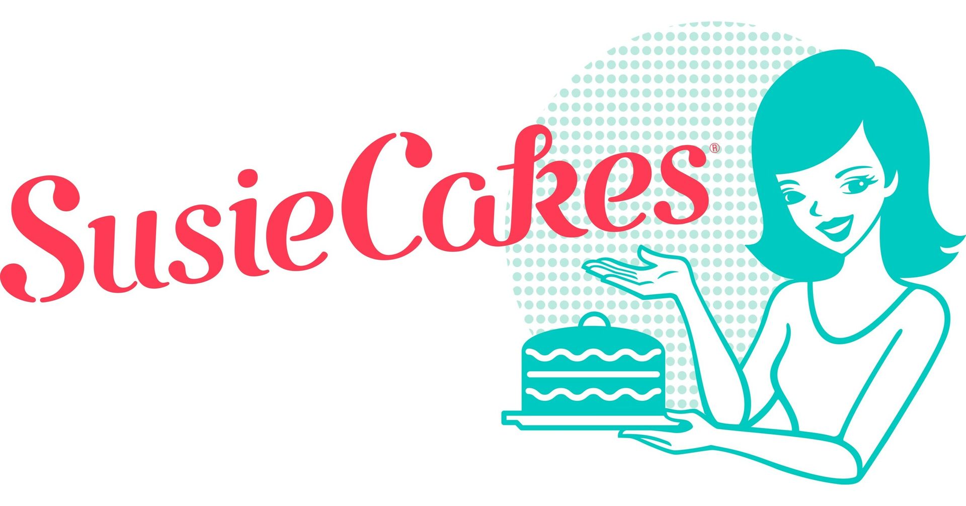 SusieCakes logo: red cursive text, turquoise woman holding cake, mint green background.