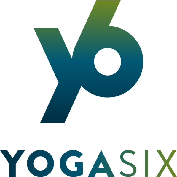Logo for YogaSix: "y6" in green and blue, with "YOGASIX" below.