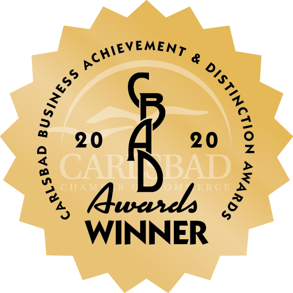 Gold award badge: Carlsbad Business Achievement & Distinction Awards Winner, 2020. Chamber of Commerce logo.