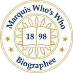 Marquis Who's Who Biographee seal: blue text on gold, open book, year 1898, surrounded by stars and a sunburst.