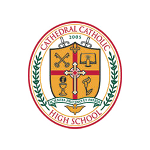 Cathedral Catholic High School logo: shield with cross, swords, olive branches, and 