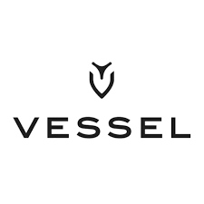 Vessel logo: Black text with a shield-shaped symbol above. The symbol is an abstract design.