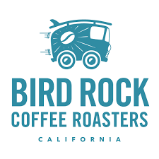 Bird Rock Coffee Roasters logo: Blue van with a coffee bean, surfboard, and "Bird Rock Coffee Roasters California" text.