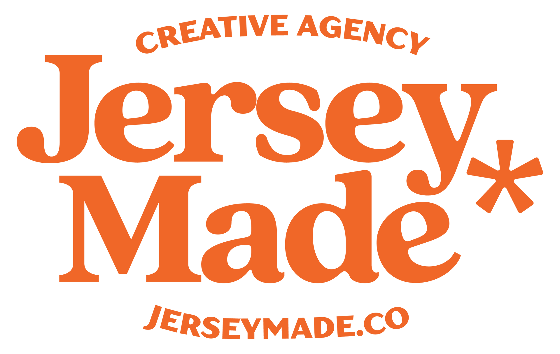 Logo for Jersey Made, a creative agency. Orange text on white, star graphic, jersey made.co url.