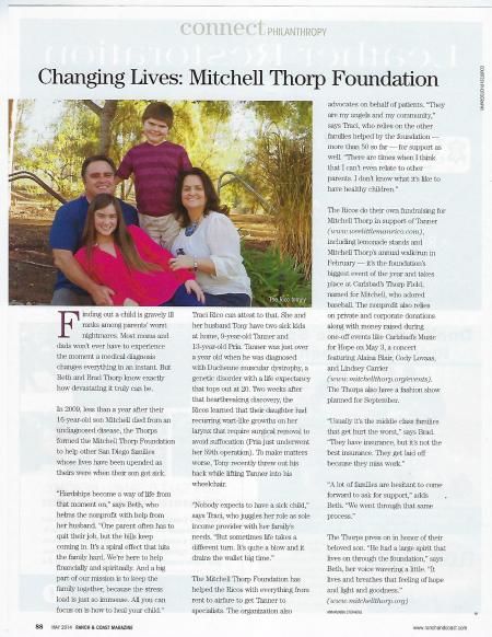 A family of four smiles outdoors. Headline: Changing Lives: Mitchell Thorp Foundation. Article discusses helping children.
