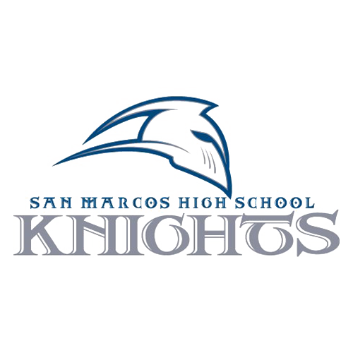 San Marcos High School Knights logo: blue knight helmet over text.