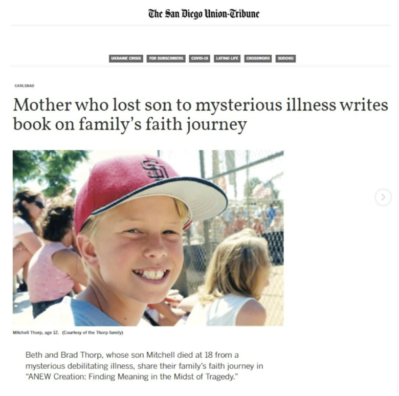 Article about a mother's book on her son's death. Photo of smiling boy in baseball cap.