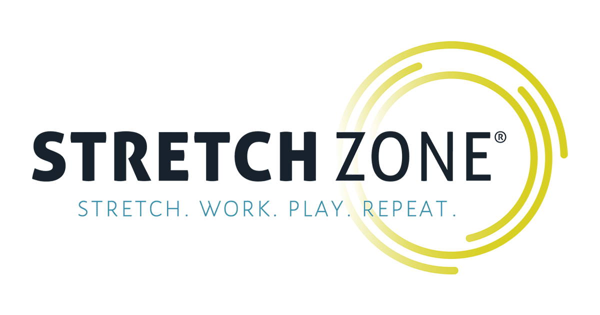 Logo for Stretch Zone: Black text and tagline, with gold concentric circles.