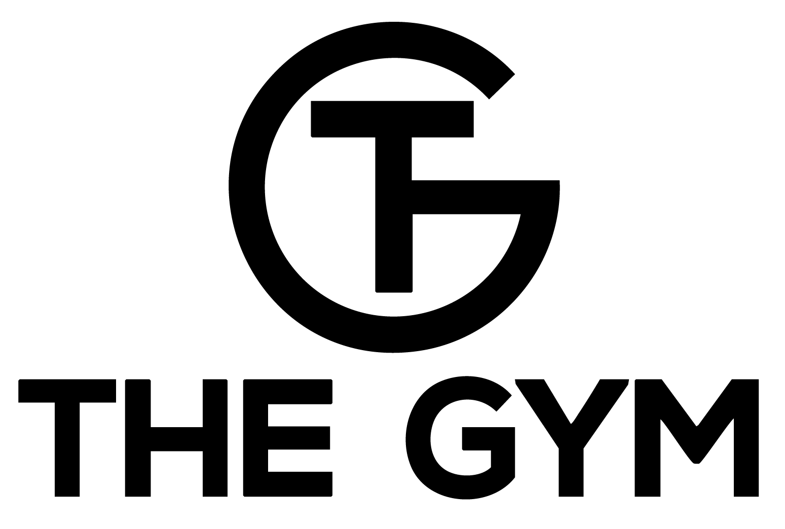 Black logo for "THE GYM" with a stylized "TG" symbol inside a circle.