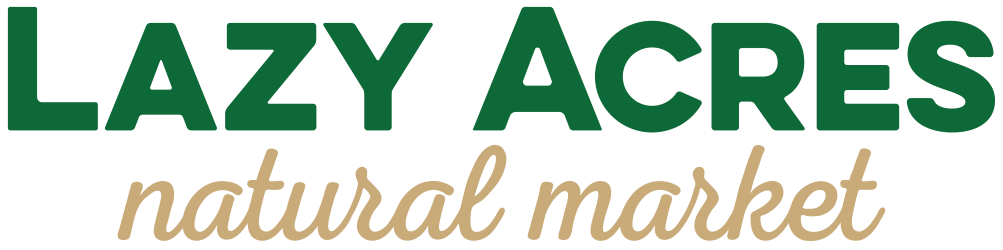 Logo for Lazy Acres Natural Market, green letters on white with tan script.