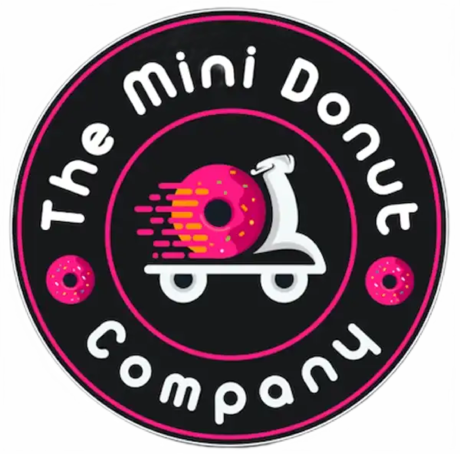 Logo for The Mini Donut Company: a pink donut on a scooter with speed lines, on a black circle, text around the edge.