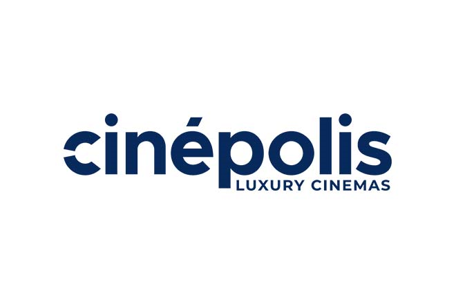 Cinemapolis logo: Dark blue text on white. "cinépolis" with a cut-out "e," and "LUXURY CINEMAS" below.