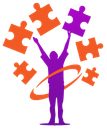 A purple and orange silhouette of a person holding puzzle pieces