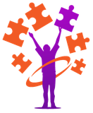 A purple and orange silhouette of a person holding puzzle pieces