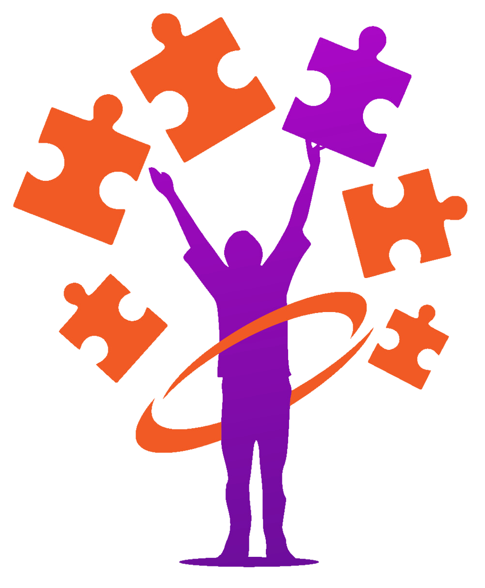 A purple and orange silhouette of a person holding puzzle pieces