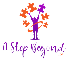 The logo for a step beyond ltd shows a person holding puzzle pieces in their hands.