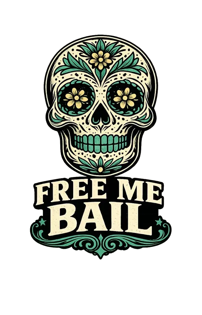 A decorative sugar skull with green floral patterns above the text
