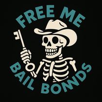 A skeleton in a cowboy hat holds a key, framed by the teal text