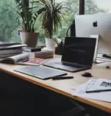 A cluttered wooden desk with a laptop, graphics tablet, papers, and two potted plants in front of a window.