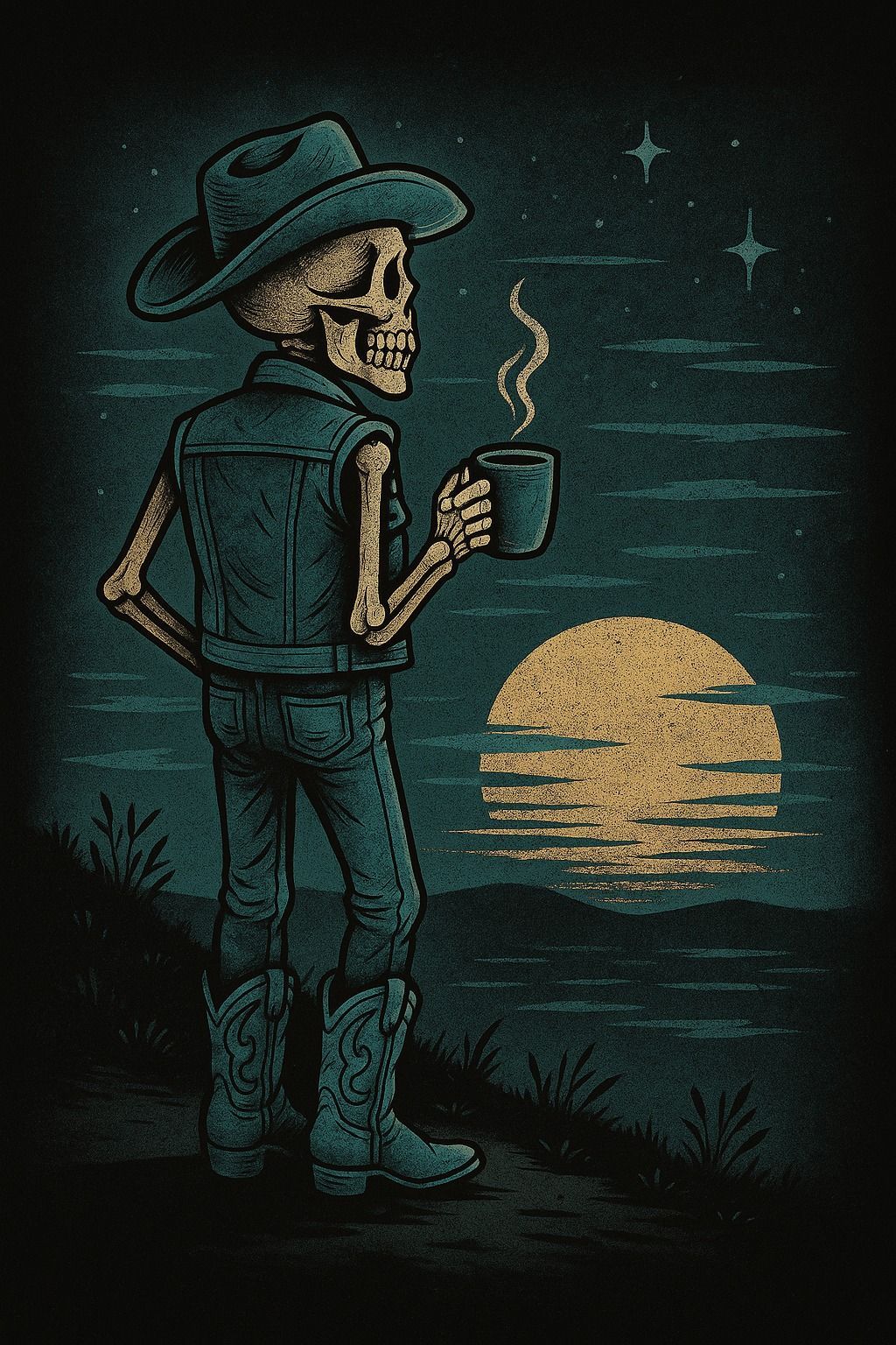 A skeleton cowboy wearing a hat, denim vest, and boots stands on a hill holding a coffee mug against a full moonlit sky.