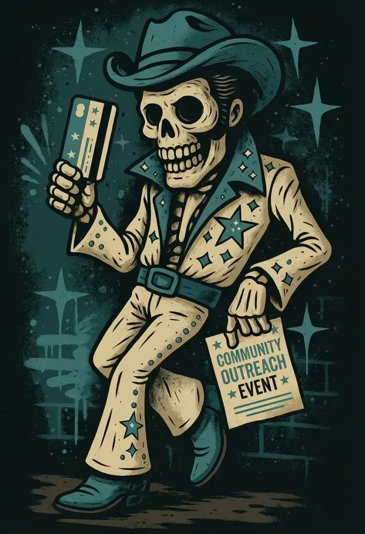 A skeleton in a star-patterned western suit and hat holds a credit card and a sign reading