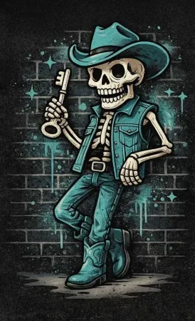 A skeleton in a cowboy hat, vest, and boots leans against a brick wall, holding a key with a teal, gritty aesthetic.
