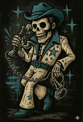 A skeleton wearing a blue star-patterned suit and cowboy hat holds a vintage telephone against a dark star-filled background.
