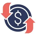A dark blue coin icon with a dollar sign symbol, surrounded by two red arrows indicating movement in opposite directions.