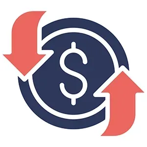 A dark blue coin icon with a dollar sign symbol, surrounded by two red arrows indicating movement in opposite directions.