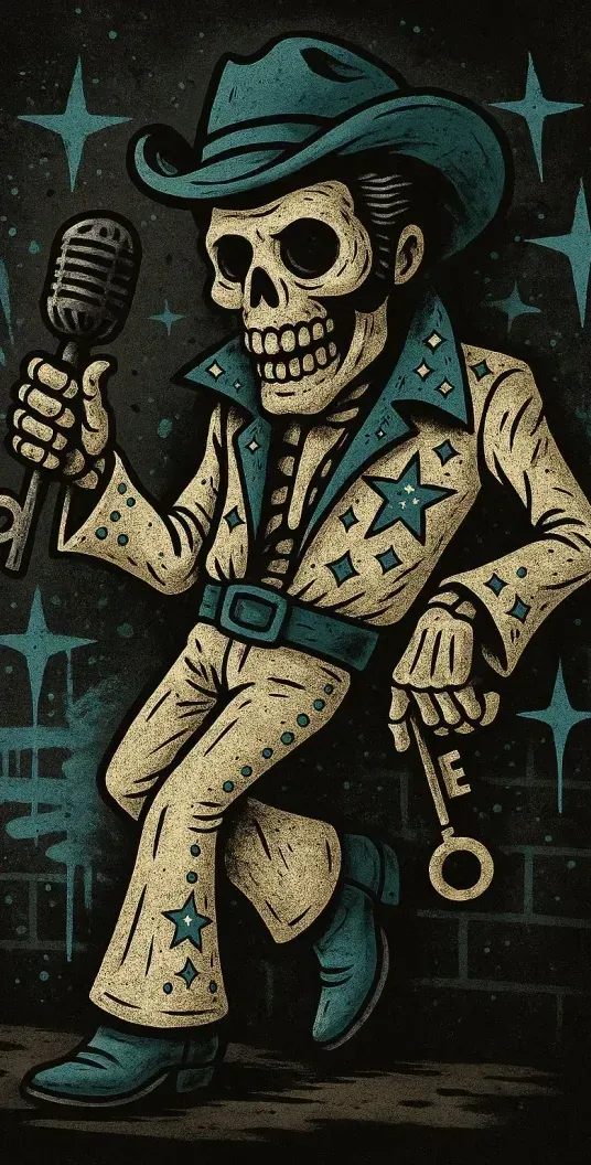 A skeleton dressed in a star-patterned stage suit and cowboy hat holds a microphone and a key against a dark, starry wall.