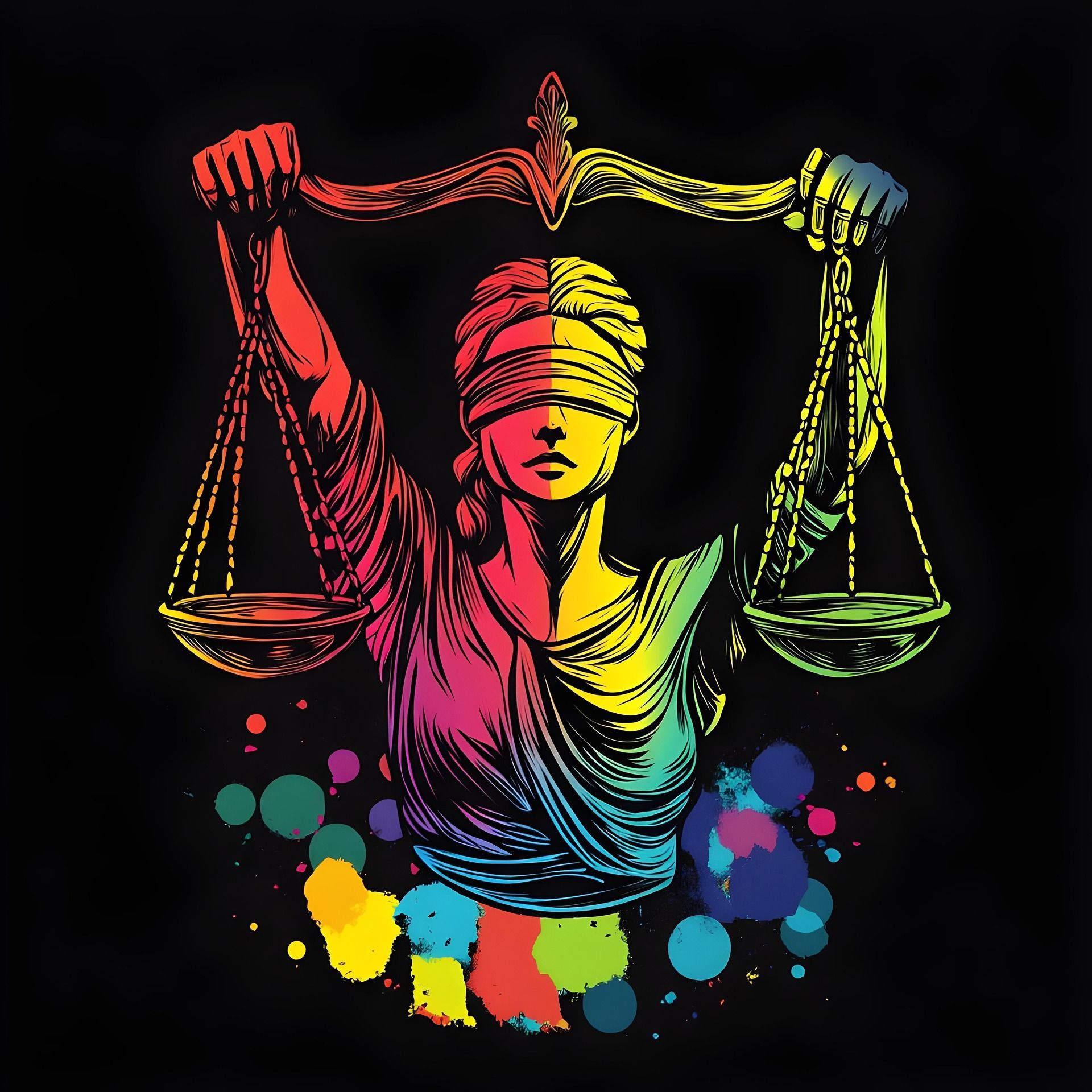 A colorful, stylized illustration of Lady Justice holding scales against a black background with paint splatters.