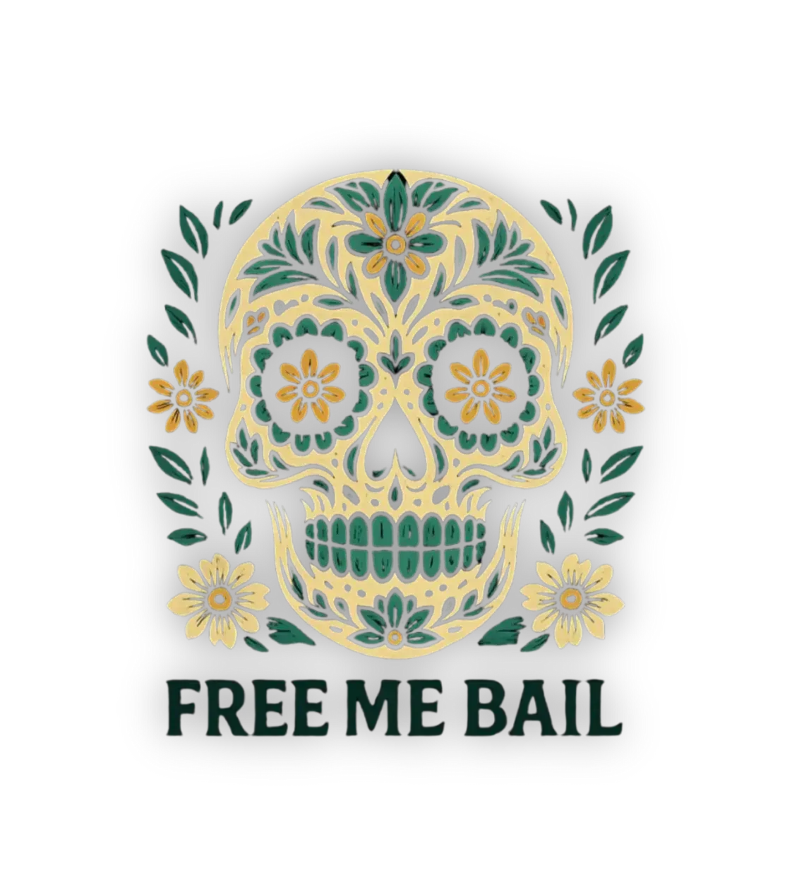 A sugar skull decorated with green and yellow floral patterns, framed by leaves and flowers, above the text 