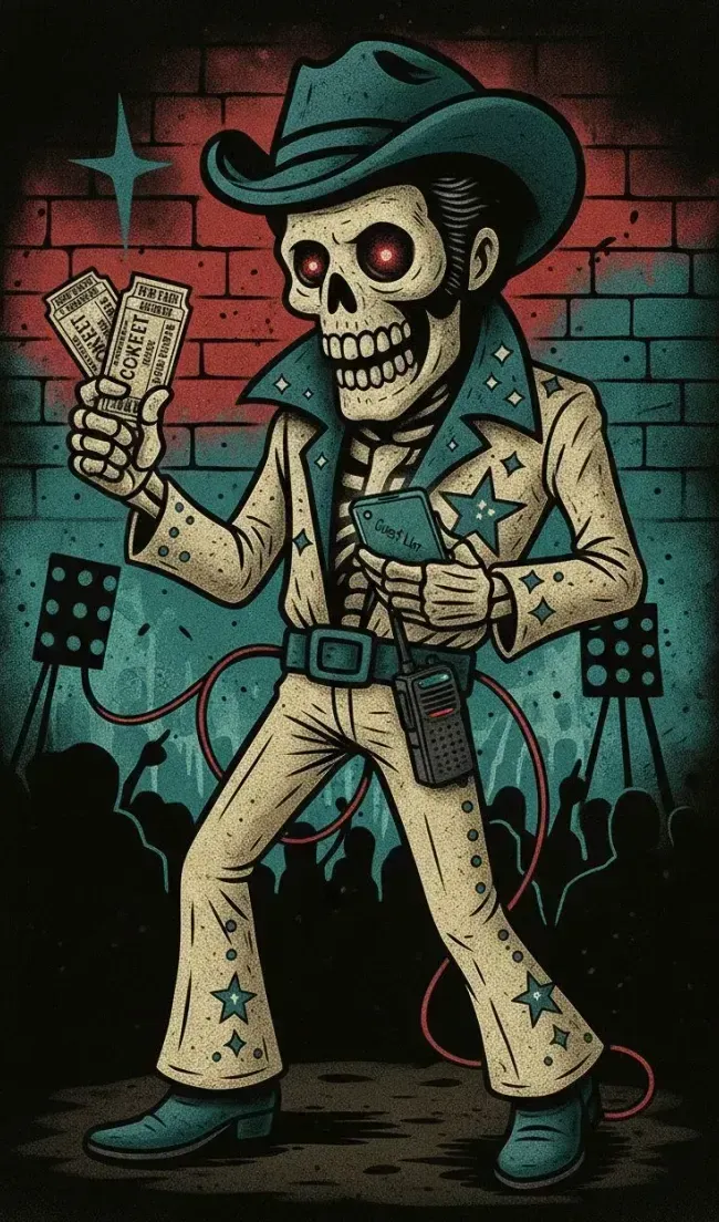 A skeleton performer in a star-patterned suit and cowboy hat holds two tickets on a stage before a shadowed crowd.