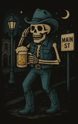 A skeleton wearing a cowboy hat, vest, and boots taps its temple while holding a beer mug on a dark Main St at night.
